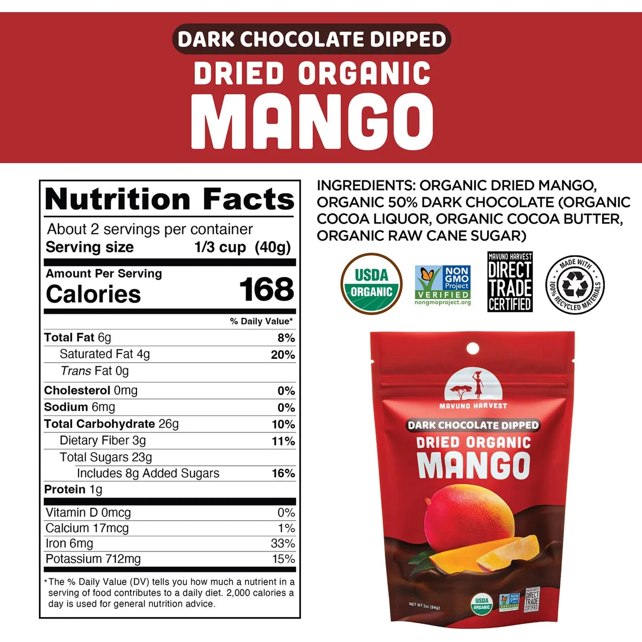 Dark Chocolate Dipped Dried Mango (Organic)