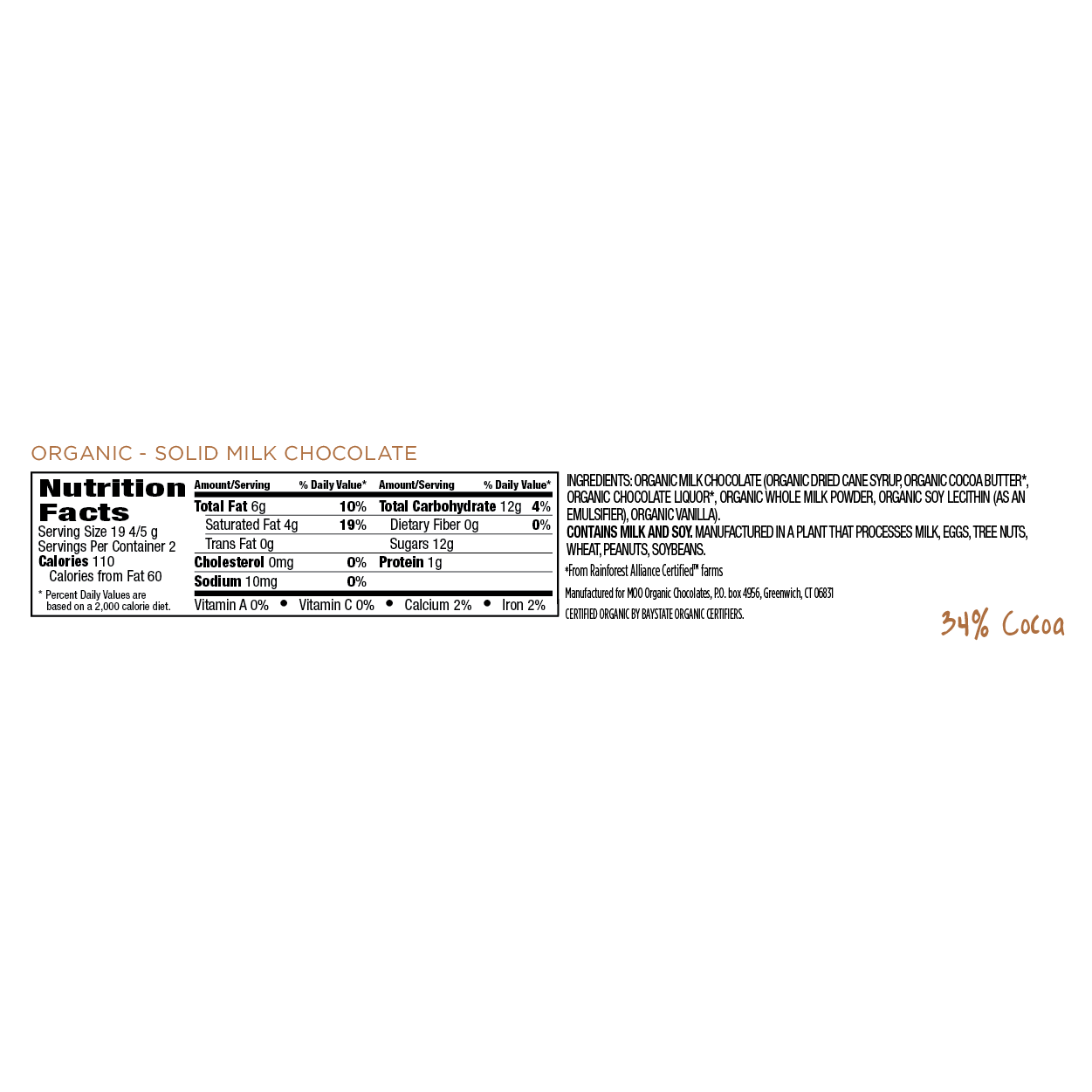 Solid Milk Chocolate Large Bar (Organic)