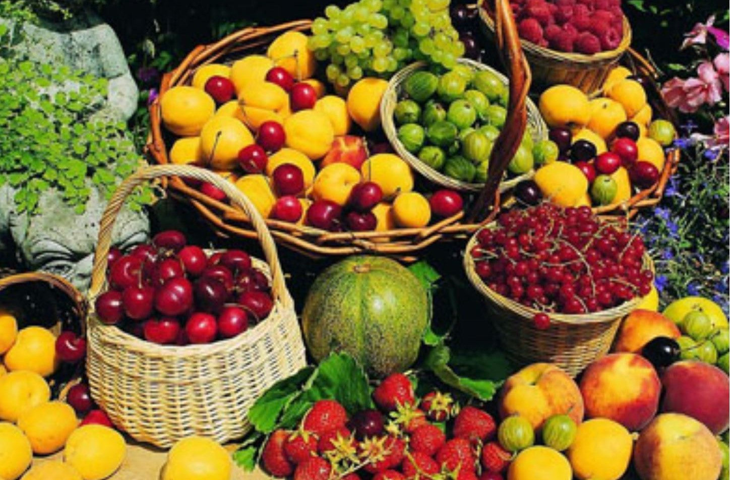 Many baskets of fruit are sitting on the ground.