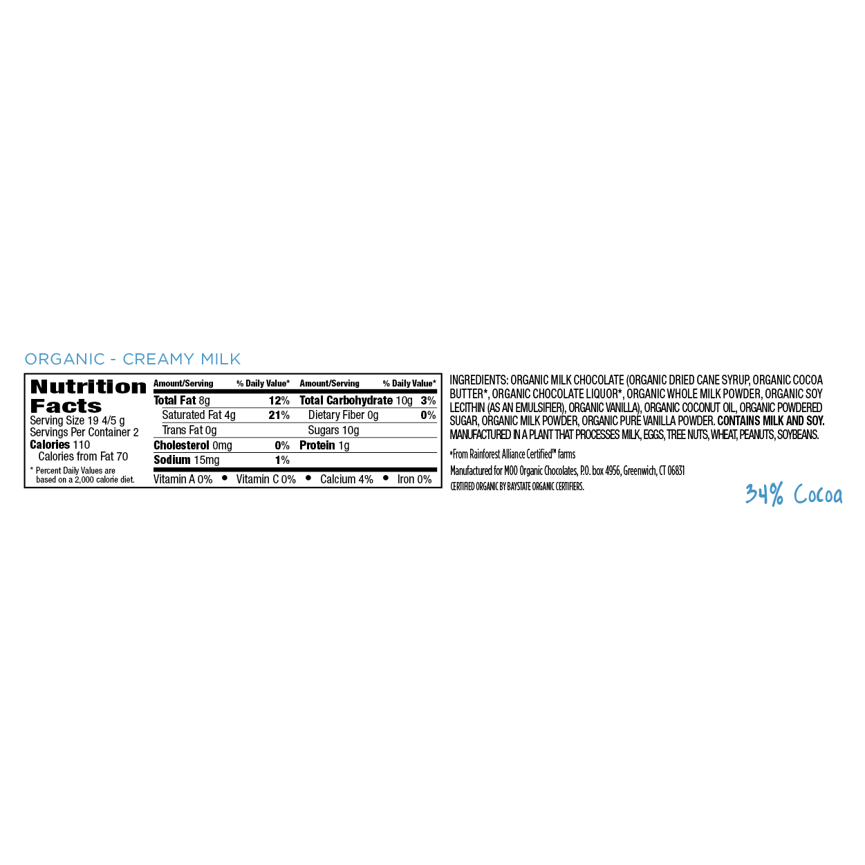 Creamy Milk & Milk Chocolate Large Bar (Organic)
